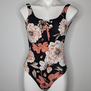Roxy Black White Peach Floral Lace Up Low Back One Piece Swimsuit XS